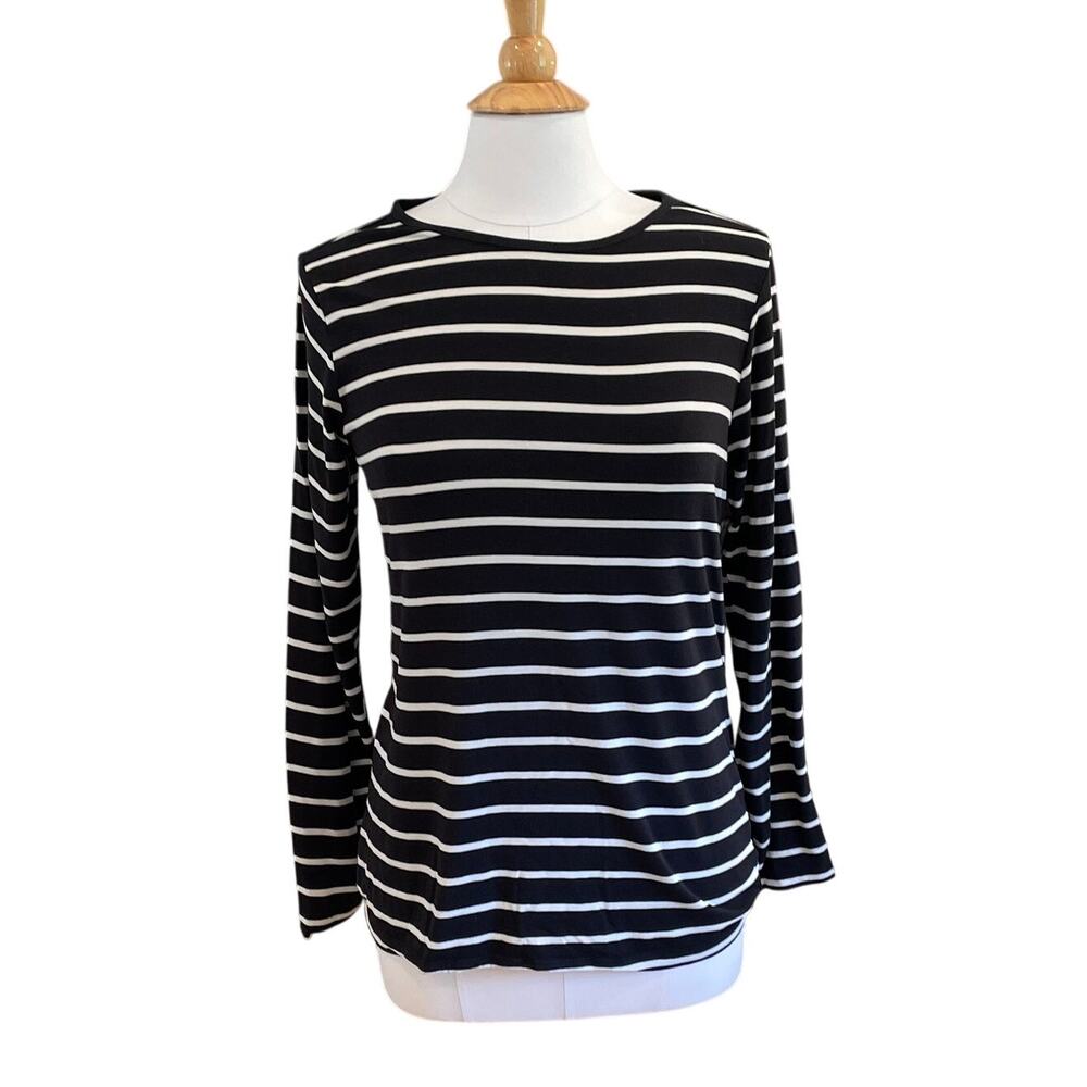 Coldwater Creek Black White Stripe Long Sleeve T-Shirt, Minimalist, Size M